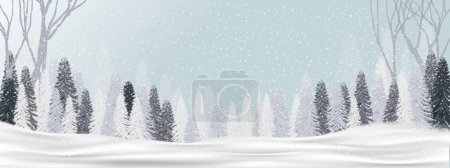 Téléchargez les photos : Fond de Noël avec belle scène de paysage d'hiver enneigé dans les bois avec sapins couverts de neige, forêt de conifères, bannière vectorielle Festive de vacances, Vente, Promotion, Carte de souhaits, En-tête du site Web, Affiche Fond de Noël avec beau paysage d'hiver - en image libre de droit