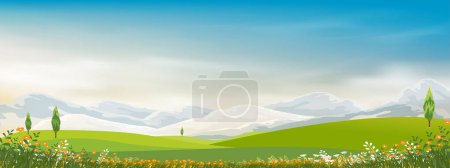 Illustration for Spring Background with Green Grass Field Landscape with Mountain,Blue Sky and Clouds,Panorama Summer rural nature in with grass land on hill.Cartoon Vector illustration backdrop banner - Royalty Free Image
