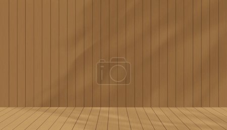 Téléchargez les photos : Studio fond brun Texture murale en bois avec des feuilles d'ombre sur le panneau de plancher.Bannière de toile de fond vectorielle vide Salle d'affichage en bois lavé pour l'automne, produit costmétique d'hiver présent - en image libre de droit