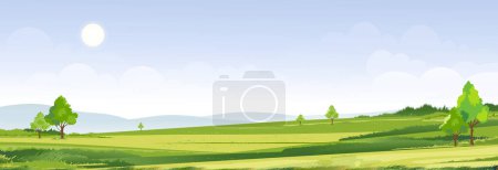 Téléchargez les illustrations : Printemps, Journée ensoleillée Paysage d'été dans le village avec champ vert, nuage et ciel bleu background.Rural campagne avec montagne, prairie, lumière du soleil le matin, Vector Nature paysage fond de bande dessinée - en licence libre de droit