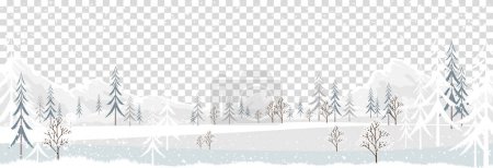 Téléchargez les illustrations : Paysage hivernal avec couvert neigeux sur la montagne et arbre forestier sur fond blanc. horizon de dessin animé vectoriel Pays des merveilles hivernal avec blizzard avec coucher de soleil, fond de Noël, bannière du Nouvel An - en licence libre de droit