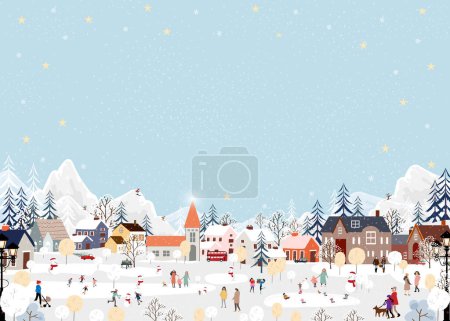 Weihnachten Hintergrund, Winterdorf Landschaft Menschen feiern an Weihnachten, Neujahr 2024 City Night Sky mit Schnee Menschen Schlittschuh laufen im Park, Vector Xmas Banner Winterwunderland 