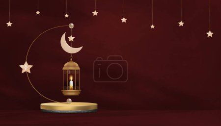 Fondo Islámico. Linterna islámica tradicional, Luna creciente y estrella colgando en la pared roja, Vector Bandera Religión de Musulmán Simbólico, Eid al fitr, Ramadán Kareem, Eid al Adha, Eid Mubarak, Año Nuevo Muharram