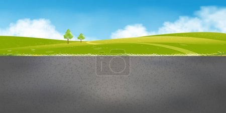 Frühling Landschaft mit Asphaltstraße Grüne Felder, Berge, blauer Himmel und Wolken Hintergrund, Horizont ruhige ländliche Natur Sonniger Tag Sommer mit Gras land.Cartoon Vector Illustration für Sommer Banner