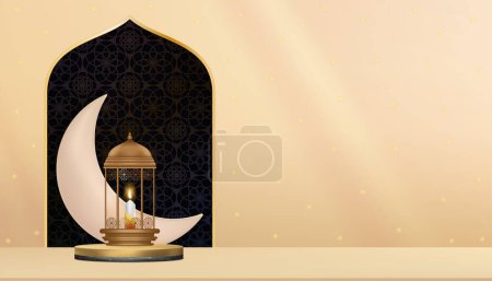 Ramadan Background,Eid Mubarak card,Islamic lantern on podium with Crescent moon,Star on yellow backdrop.Vector Religion of Muslim Symbolic,Eid ul fitr, Ramadan Kareem,Eid al Adha,Ramadan Karee