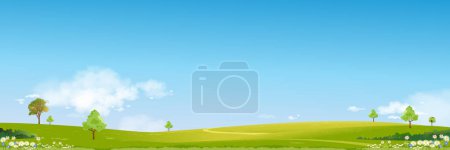 Spring Background with Sky,Cloud,Grass field,Flower on Hill and Forest Tree in Village,Vector Cartoon Summer landscape peaceful rural nature in the park,Panoramic Banner for Easter