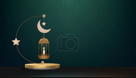Eid Mubarak Hintergrund, islamisches Podium mit traditioneller Laterne mit Halbmond, Stern auf grünem Hintergrund, Vektorreligion der muslimischen Symbolik, Eid al fitr, Ramadan Kareem, Eid al Adha, Muharram