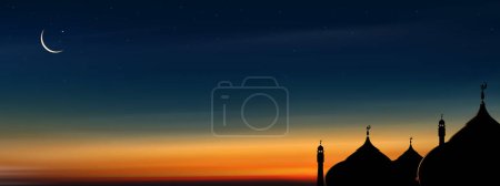 Himmelsnacht, Ramadan Kareem Hintergrund mit Halbmond, Kuppel der Moscheen, Stern mit Abenddämmerung Himmel, Grußfest zum Symbol der muslimischen Kultur, Eid Mubarak, Eid al adha, Eid al fitr, islamisches Neujahr