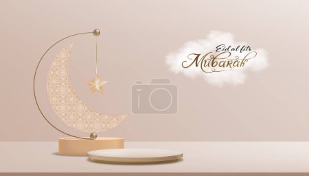Eid al fitr Mubarak greeting design with Crescent Moon and Star hanging on 3D podium on Beige background.Vector Backdrop of Religion of Muslim Symbolic for Eid al Adha,Ramadan Kareem
