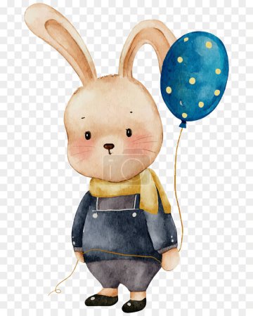 Niedlicher Hase mit Luftballon, Frohe Ostern Cartoon, Aquarell-Handbemalung Hase Hase, Hasencharakterelement für Osterkarte, Frühling, Sommer Plakat, Vektor Illustration isoliertes Portrait Tier