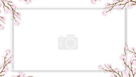 Mother's day greeting card with Pink Cherry blossom flowers border on white background,Vector illustration,Holiday banner horizontal backdrop of blooming sakura spring flora frame 