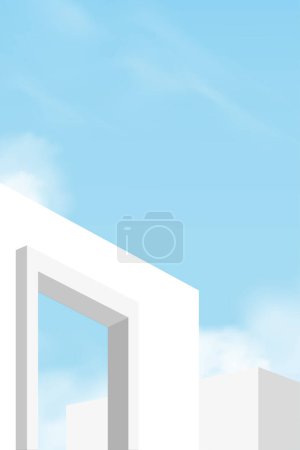 Wandbeton mit offenem 3D-Fenster gegen blauen Himmel und Wolken, Außendach Weißzementgebäude, Ant-Ansicht Minimal Modern Architektur. mit Sommerhimmel Hintergrund für Frühling, Sommer 