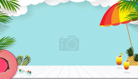 Sommer Hintergrund, blauer Himmel, weiße Wolke Papierschnitt, Palmblätterrand Rahmen mit Hut, Sonnenbrille, Flip-Flops, Ananas, Sonnenschirm auf Holztisch, Sommer-Design-Banner zum Verkauf Förderung, Urlaub 