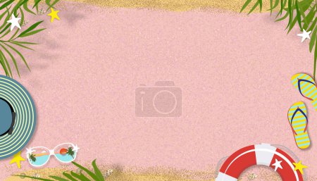 Sommer Hintergrund, Strandurlaub mit Kokospalmenblättern Rand, Hut, Sonnenbrille, Flip-Flops auf rosa Sand Textur, Vector Banner flache Lage tropischen Sommer-Design zu verkaufen, Parteien 
