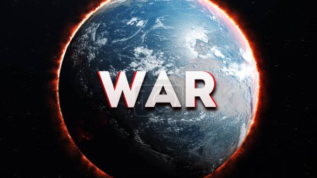 Téléchargez les photos : Thème du concept de guerre mondiale. Terre en feu et flammes comme symbole de la permacrisis. Illustration 3D du globe mondial - en image libre de droit
