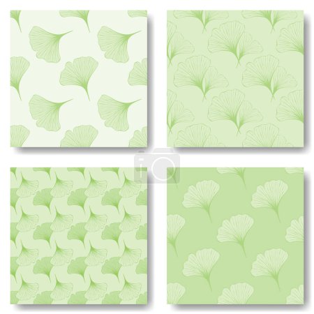 Illustration for Set of seamless pattern with green Ginkgo leaves. Ecological and natural vector patterns are suitable for packaging organic and healthy food, natural cosmetics and vegan products. - Royalty Free Image