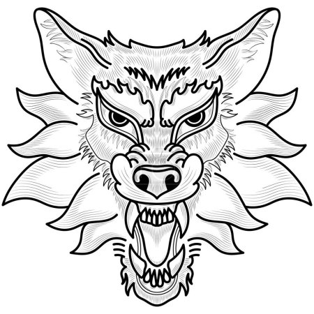 Téléchargez les illustrations : Tête de loup stylisée dessinée à la main. Illustration isolée en noir et blanc - en licence libre de droit