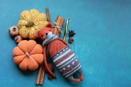 Autumn crochet. Close  up photo of handmade amigurumi toys made of natural yarn. Cute decorations for autumn holidays. Hobbies and leisure concept. 