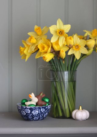 Easter greeting card. Bouquet of golden daffodils.Easter season concept.