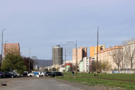Photo for Panel houses of Eastern Europe. Bratislava Sleepy quarters. Colorful modern buildings, green grass, no people. - Royalty Free Image