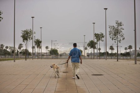 Photo for Young Hispanic man, walking his dog on the street in solitude seen from the back. Concept, dogs, pets, animals, friends. - Royalty Free Image