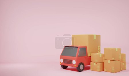 Téléchargez les photos : Illustration de rendu 3D Cartoon minime camion de livraison et boîtes postales Livraison d'expédition de transport, concept de commerce électronique. - en image libre de droit