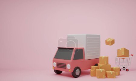 Foto de 3d representación ilustración de dibujos animados camión de entrega mínima con caja del paquete, camioneta de mensajería, entrega, servicios de envío en línea. Entrega del envío del transporte, concepto del comercio electrónico. - Imagen libre de derechos