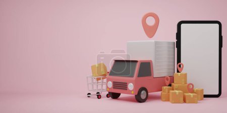 Photo for 3d rendering illustration Cartoon minimal delivery truck with package box. Online delivery service concept. Transportation shipment delivery, delivery website, banner, background, application, poster, on mobile. - Royalty Free Image