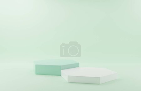Photo for 3D rendering illustration Mock up Hexagon podiums on green background. Abstract minimal design with empty space. Showcase, shopfront, display, presentation, template - Royalty Free Image