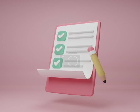 Foto de Ilustración de representación 3D Dibujos animados mínimo portapapeles gestión de tareas todo lista de verificación con lápiz, plan de trabajo para el éxito, lista de verificación de papel examen, concepto de nivel, trabajo rápido en el plan de proyecto. - Imagen libre de derechos