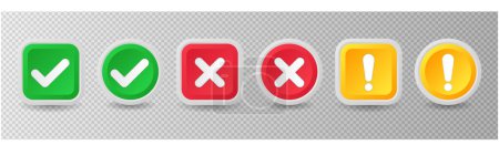 Check mark icons. Checkmark and cross mark buttons, Tick sign, Right and wrong 3D buttons, Check mark acceptance, X rejection button. 3d realistic vector set. Positive and negative choice