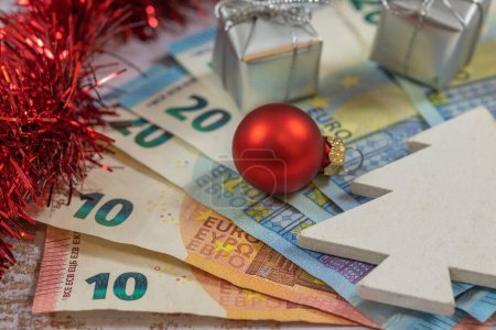 background with banknotes and christmas decoration