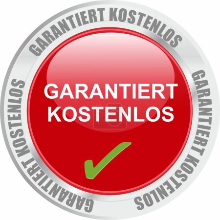 Téléchargez les photos : Les mots "guarantee kostenlos" écrits en allemand sur un bouton rouge et gris - en image libre de droit
