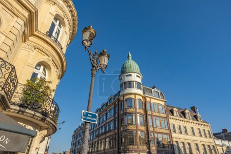 Photo for View of the city center of Saint-quentin, street lamp with a street sign where it is written in French "rue de la Sellerie" - Royalty Free Image