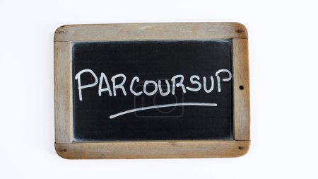 Photo for The word "Parcoursup" written in French on a slate isolated on a white background - Royalty Free Image