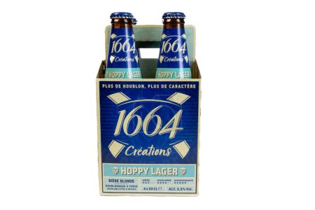 Photo for Vaison la Romaine - France - 11 March 2023 - pack of 4 bottles of 1664 brand hoppy lager beer, close-up, isolated on a white background - Royalty Free Image