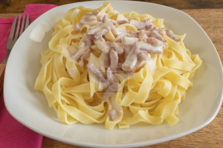 Photo for Plate of tagliatelle with carbonara close-up - Royalty Free Image