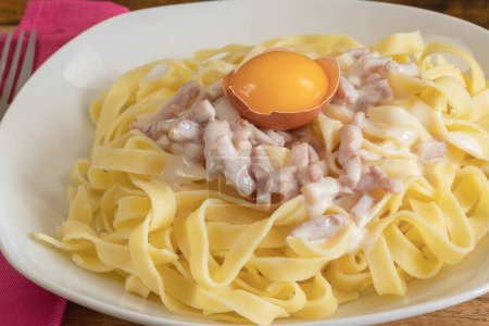 Photo for Plate of tagliatelle with carbonara close-up - Royalty Free Image