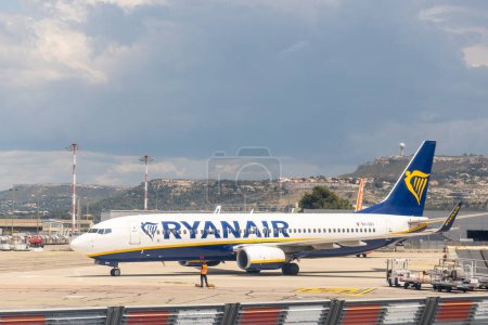 Photo for Marignane, Bouches-du-Rhne, France - 05 29 2023: Ryanair aircraft on the tarmac at Marseille Provence airport - Royalty Free Image