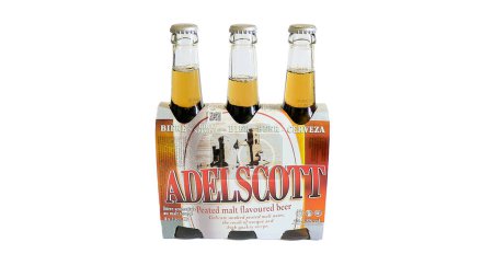 Photo for Vaison la Romaine, Vaucluse, France - 08312023 : cardboard pack of 3 beers flavoured with Adelscott brand peat malt isolated on a white background - Royalty Free Image