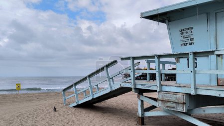 Lifeguard hut on Santa Monica beach. Pacific Ocean Coast Los Angeles USA.