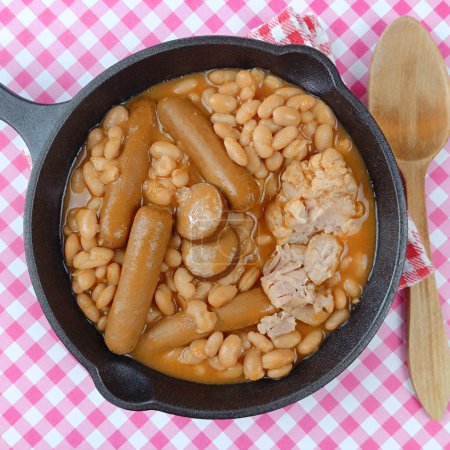 dish of cassoulet, close-up, on a table