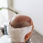 After hair transplantation surgical technique that moves hair follicles. Young bald man in bandage with hair loss problems.