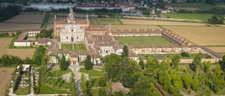 Drone shot of Certosa di Pavia cathedral a historical monumental complex that includes a monastery and a sanctuary. Pavia ,Italy.