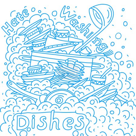 Sink with dirty dishes, vector illustration. Washing-up and cleaning, dishwashing
