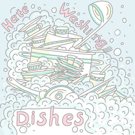 Sink with dirty dishes, vector illustration. Washing-up and cleaning, dishwashing