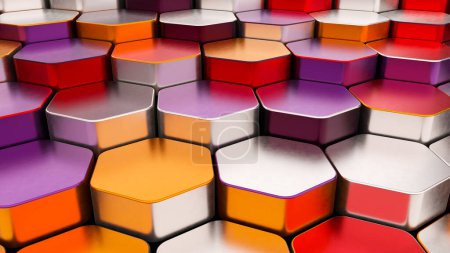 Foto de 3d vibrante hexágono de metal satinado Fondo en naranja, gris, blanco y púrpura. ilustración de renderizado 3d. - Imagen libre de derechos
