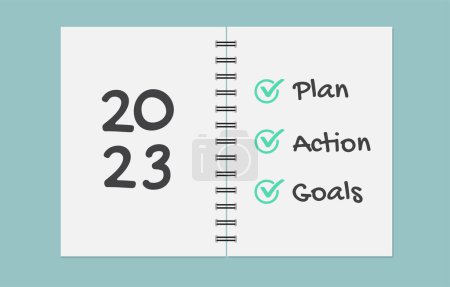 Cuaderno con las palabras metas 2023. plan, Acción. Lista de objetivos de año nuevo 2023. Ilustración vectorial.