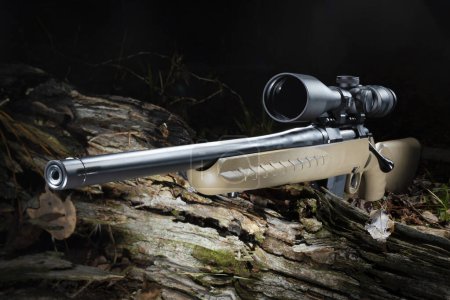 Téléchargez les photos : Fusil de chasse à action par boulon et lunette haute puissance dans un bois sombre - en image libre de droit