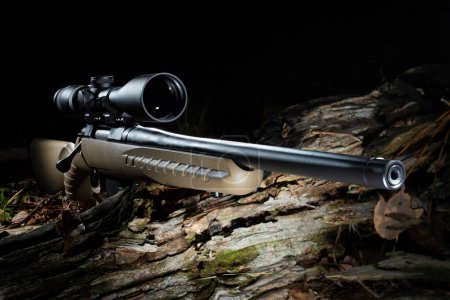Téléchargez les photos : Portée haute puissance sur un fusil de chasse à action de boulon dans une forêt sombre - en image libre de droit